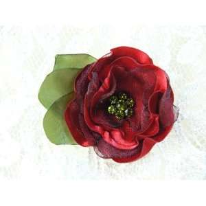   Brooch   Handmade, Unique, Elegant   Red with Green Leaves & Crystals