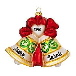  Personalized Gold Bells With Red & Green Glass Ornament 