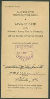 USA  Beautiful, full 1941 Postal Saving Card  