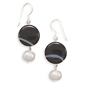  Banded Black Onyx and White Pearl Sterling Silver Earrings 