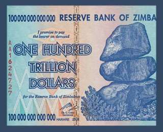 100 Trillion DOLLARS Inflation Note ZIMBABWE 2008   UNC  