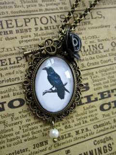 Victorian Style Raven Steampunk Cabochon Pendant Necklace   Crow Goth 