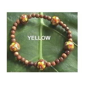  Hawaiian Koa Bead Yellow Hibiscus Flower Bracelet 