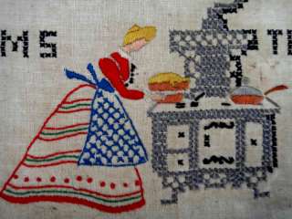 antique NEEDLEPOINT SAMPLER~KITCHEN ROOSTER old  