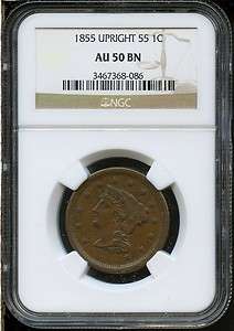 1855 NGC AU50BN Upright 55 Large Cent   a813  