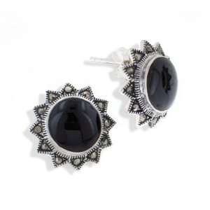    Sterling Silver Sun Earrings with Marcasite and Black Onyx Jewelry