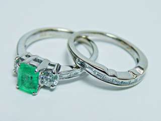 14K White Gold Colombian Emerald Diamond Baguette Wedding Ring Set 