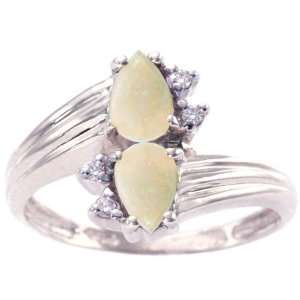  14K White Gold Twin Pear Gemstone and Diamond Ring Opal 