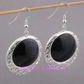 vintage round Silver Plated Black Agate Dangle Earrings  