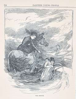 LADY RIDING HORSE SIDESADDLE RESCUING GIRL ANTIQUE PRINT 1885  