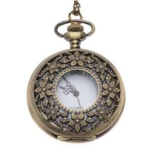 Pocket Watch Pendant   Antiqued Brass Quartz Motion   Floral Lid And 