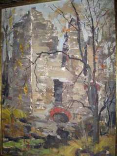 ANTIQUE 30s SGN MASTON OIL LANDSCAPE PAINTING RUINS W F  