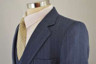 Vintage MOD Mens Blue Flanel Wool pinstripe 3 pc Vest Suit 42R  