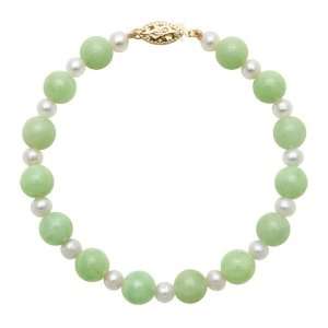 4mm White Freshwater Pearl and 8mm Green Jade Stone Bracelet with 14K 