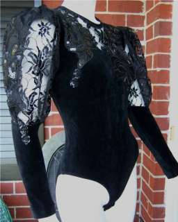 VTG 80s XS S Black Stretch Velour Lace Sequin Glam Lady GaGa Bodysuit 
