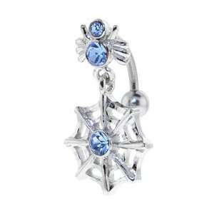    Spider and Web Dangle Solar Blue Gem Belly Button Ring Jewelry