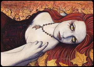 Gothic Fantasy Art ACEO PRINT Autumn Fairy Portrait Leaves Red Corset 