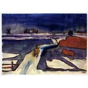   Watercolor Modern Painting Art Marsh Winter Landscape   Original Color