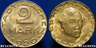 Germany Notgeld Aachen 2 mark 1920 Alfred Rethel Brass Coin  