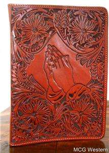 WESTERN COWBOY PRAYING HANDS TOOLED LEATHER BIBLE COVER   ZIPPERED 