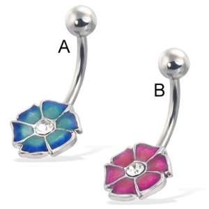  Colored 6 petal flower belly button ring with gem, blue 