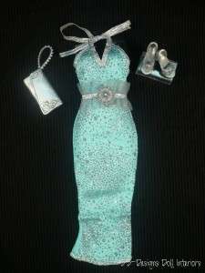 Barbie Doll Clothes Aqua Prom Style Dress Silver Detail Shoes Purse 