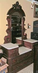 Burl Walnut Classic Victorian Mirror Dresser w/ Marble  