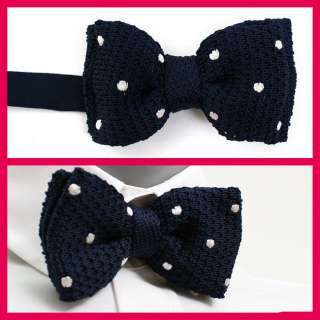 VoiVoila New Mens Tuxedo waffled knit Dot Navy Bow Tie with 