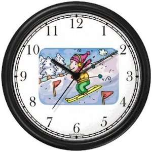   Cartoon Snow Skiing Wall Clock by WatchBuddy Timepieces (White Frame