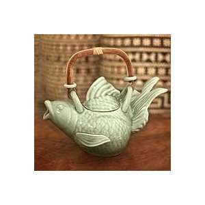    NOVICA Stoneware teapot, Green Fish Legend Kitchen & Dining