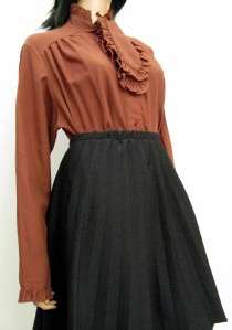   70s Brown Secretary Shirt Blouse XL XXL Ascot Cravat Victorian Ruffled