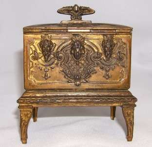 Old French Victorian Jewelry Box Casket Gilt Antique Gothic Faces Silk 