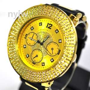 NEW ICED MENS TECHNO KING WATCHES G ICED OUT GOLD FACE w BLACK BAND 