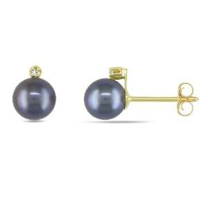  14K Gold, Diamond and Black Pearl Earrings, (.02cttw, IJ 