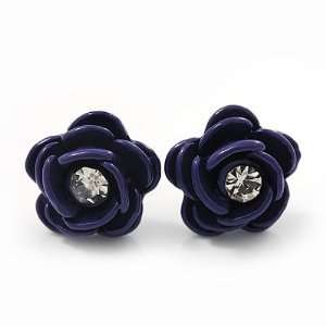  Small Deep Purple Enamel Diamante Rose Stud Earrings In 