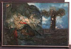 Unsigned Oil Sand Painting Abstract Collage Mid 1950s  