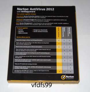   Symantec Norton AntiVirus 2012 with Antispyware   3 PCs   FREE SHIP