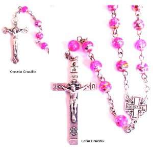  Sparkling Pink Rosary with Jerusalem Cross From the Holy 