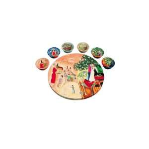   Wooden Passover Seder Plate with Hand Painted Figures 