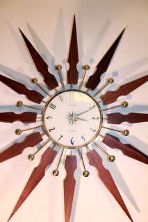   Mid Century Wall Clock Starburst Eames Atomic VTG Sunburst Wood  