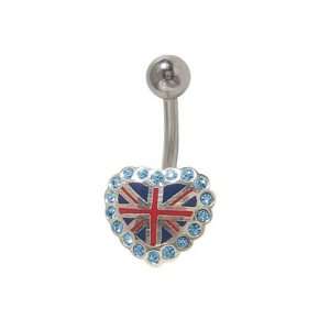  Heart British Flag Belly Button Ring with Light Blue Cz 