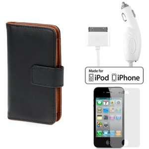 White Car Charger + Premium Folio Wallet Leather Cover Case with belt 