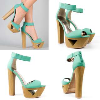 SEA GREEN OPEN TOE WOODEN CUT OUT THICK HIGH HEEL PLATFORM MARY JANE 