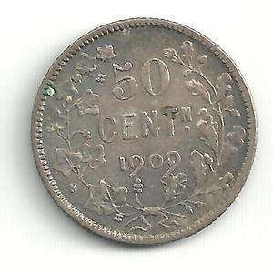 VERY NICELY DETAILED VF 1909 BELGIUM 50 CENTIMES SILVER COIN!! D466 