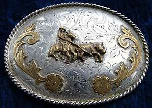   Vintage Western Cowboy Steer Cattle Silver Plated Belt Buckle  