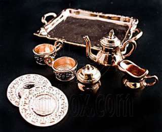Copper Metal Tea Lid Pot Cups Set Dollhouse Miniature  