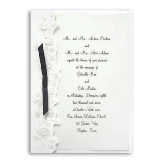 Pearl Embossed Roses w/Black Ribbon Wedding Invitations  