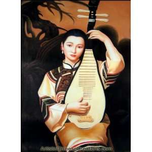   Art / Chinese Fine Art: Chinese Oil Painting   Maiden Playing Pipa