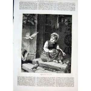 Breakfast Time By Wyburd Old Print 1876 Girl & Birds