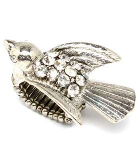 SILVER CRYSTAL DOVE SWALLOW BIRD STRETCH ADJUSTABLE RING  